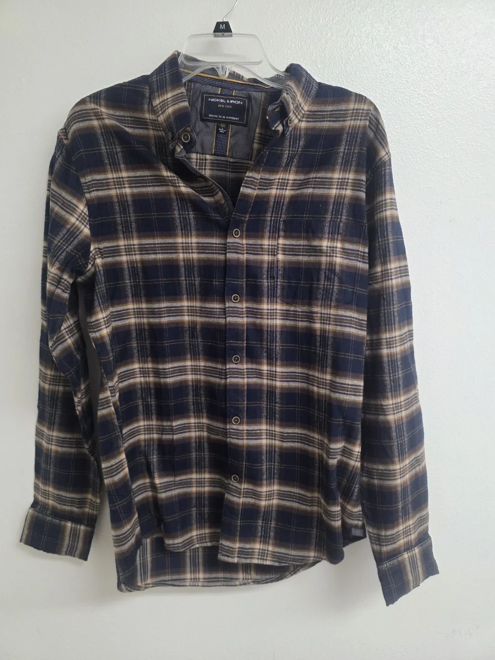 Men’s Navy and Tan Plaid Button-Up Shirt (0524)